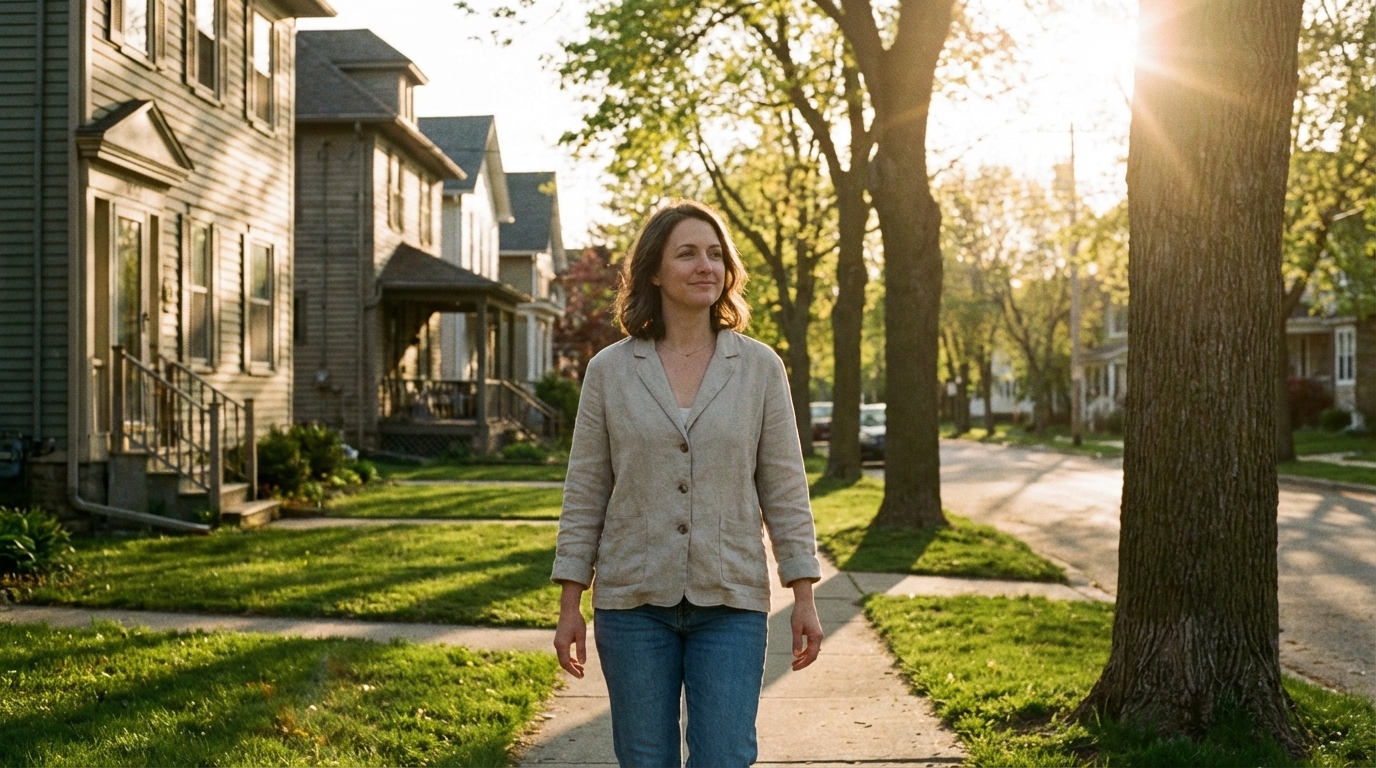 Woman taking a quiet walk in warm afternoon light
