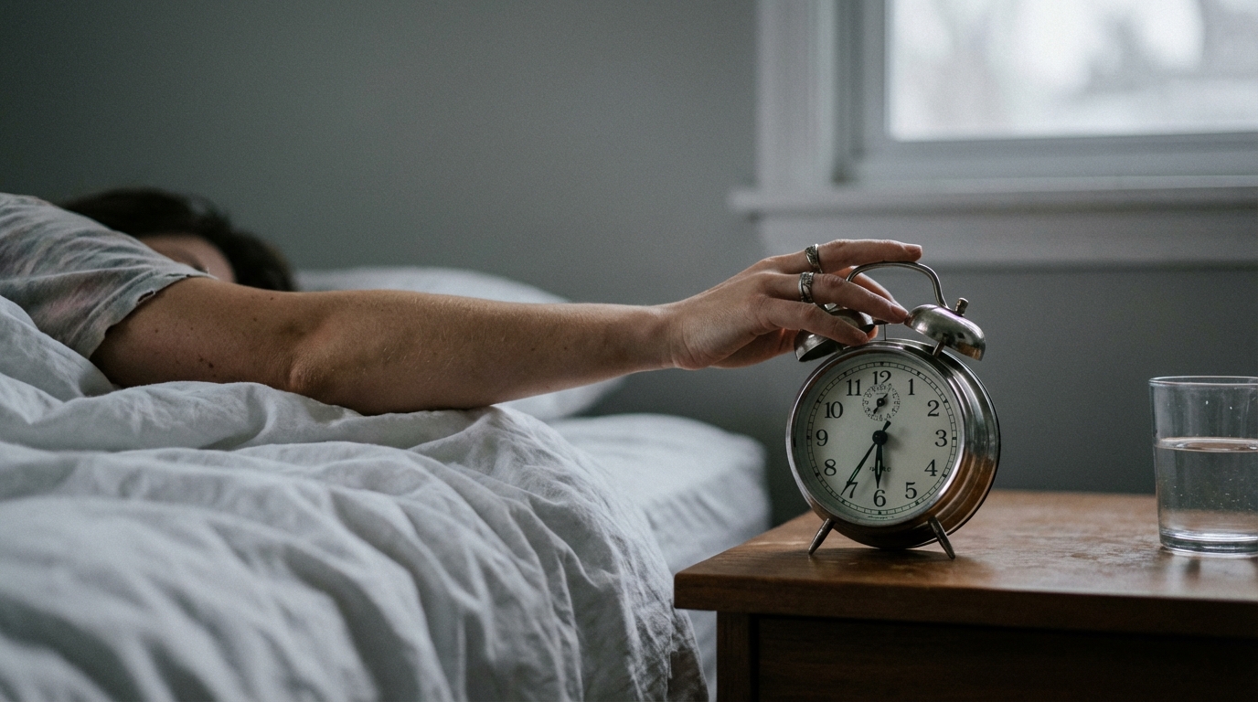 woman's hand reaching to silence alarm clock from rumpled sheets