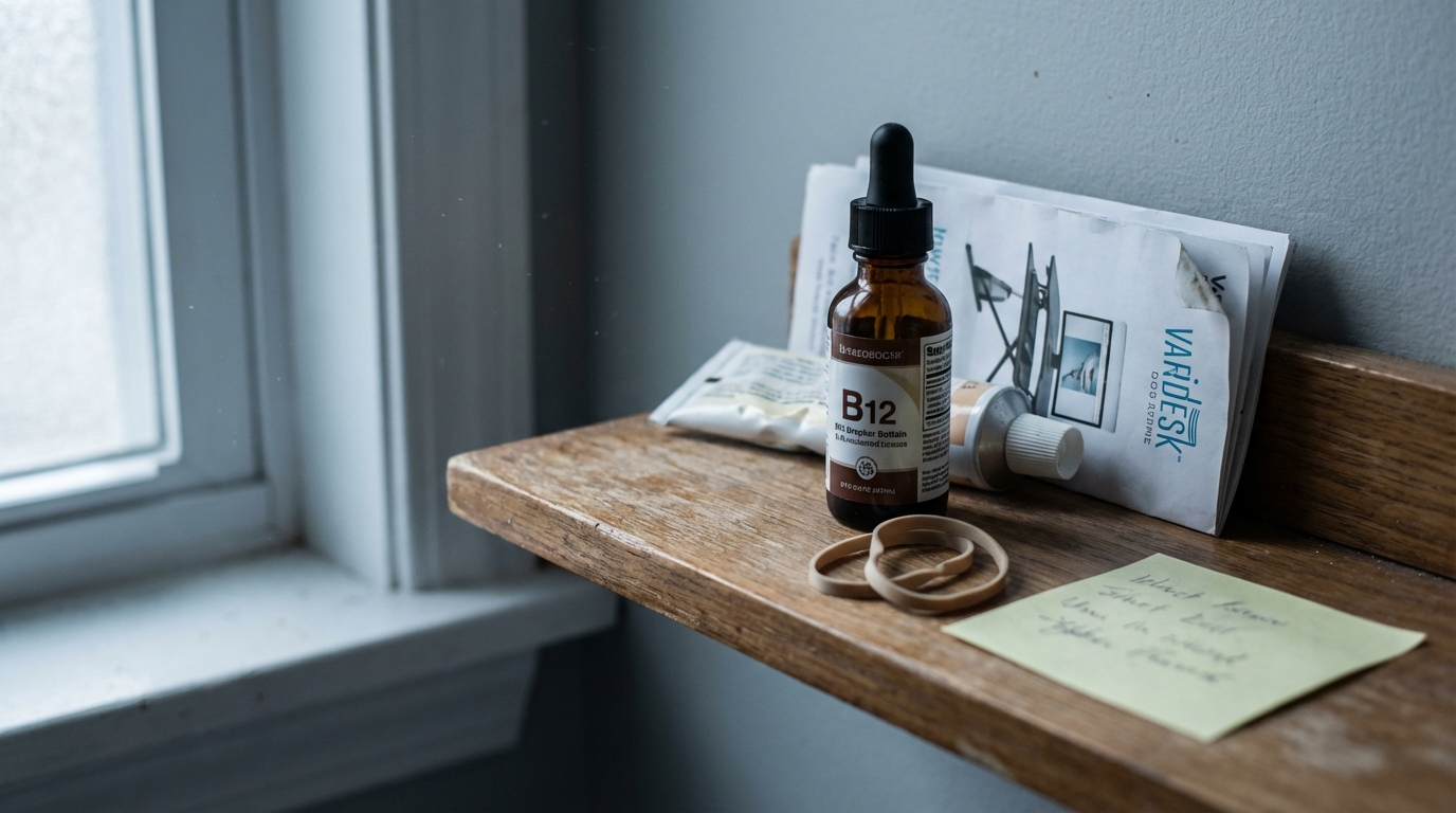 Bathroom shelf with scattered supplements and wellness items