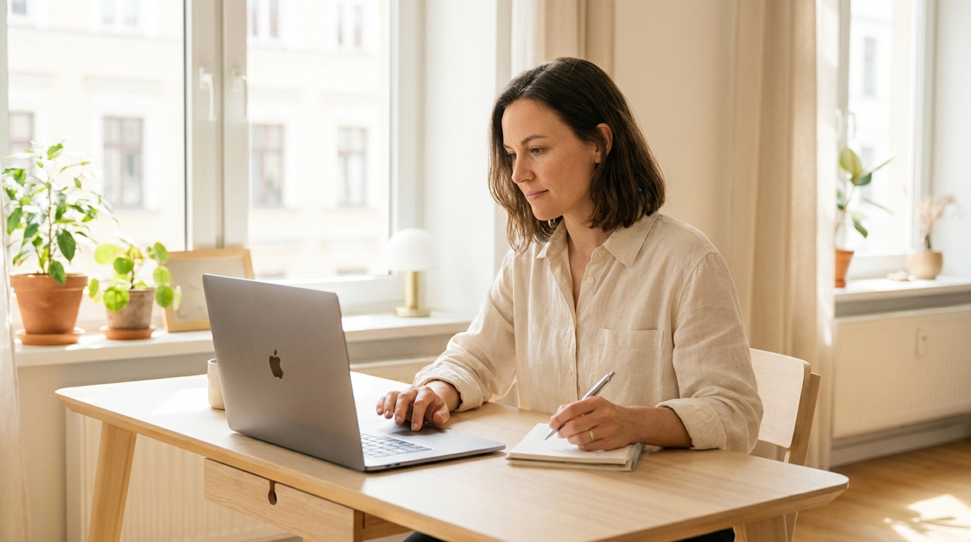 Woman working at laptop in bright midday light with relaxed focus