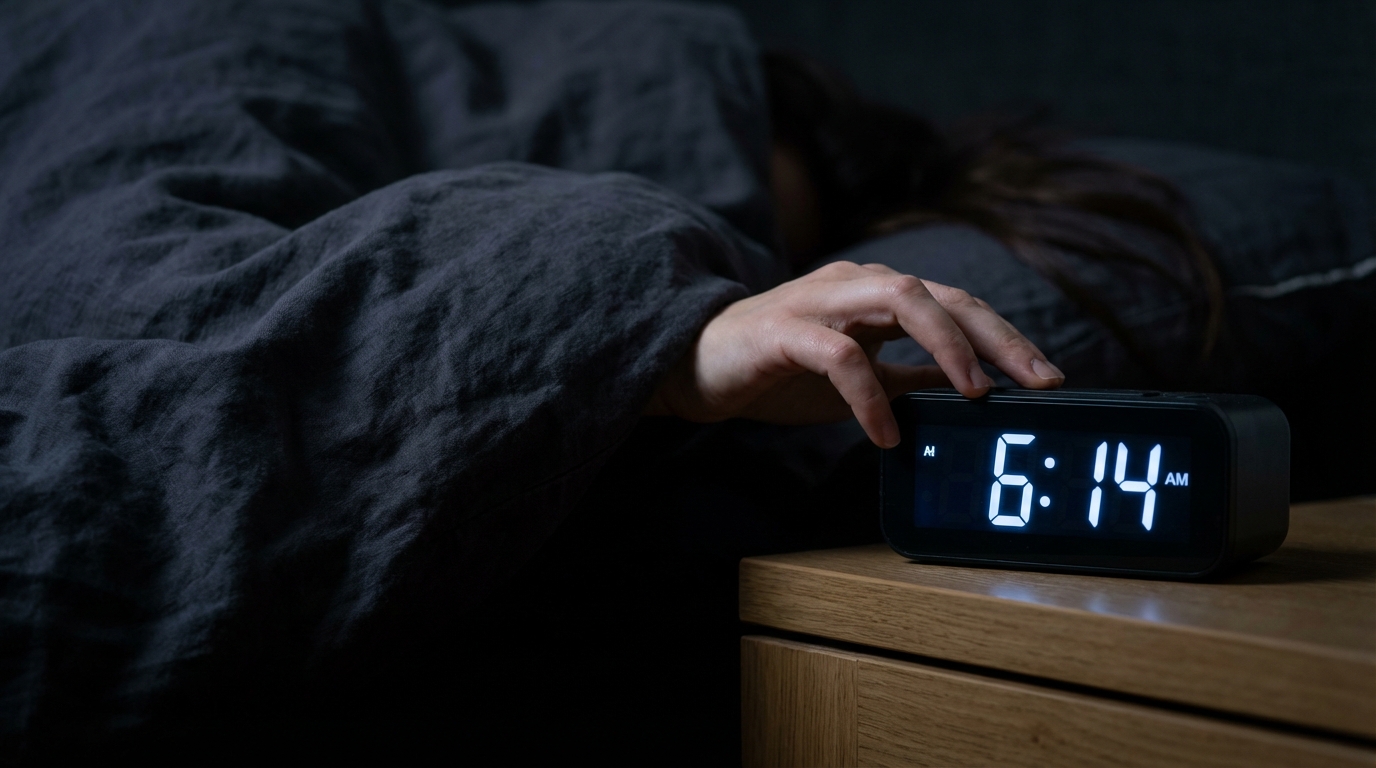 Hand reaching to silence an alarm clock in a dark bedroom
