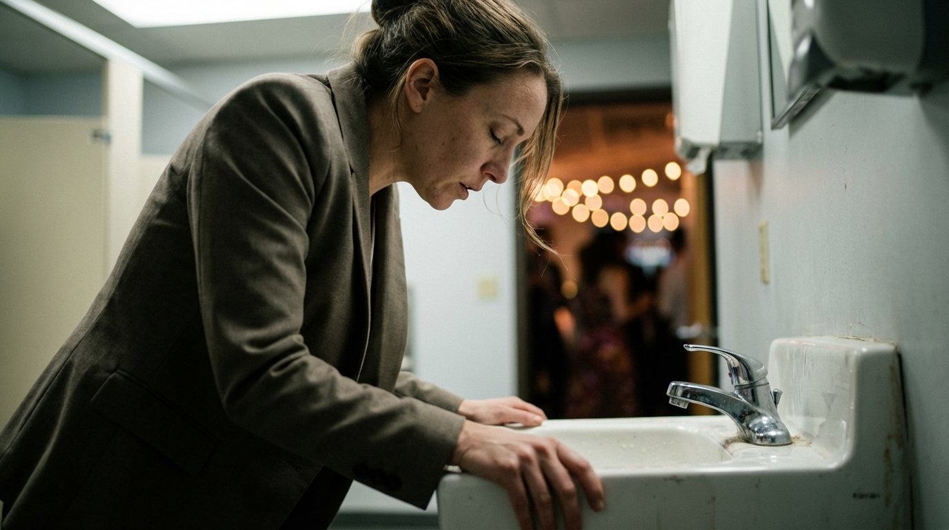 Woman bracing on a bathroom sink under fluorescent light