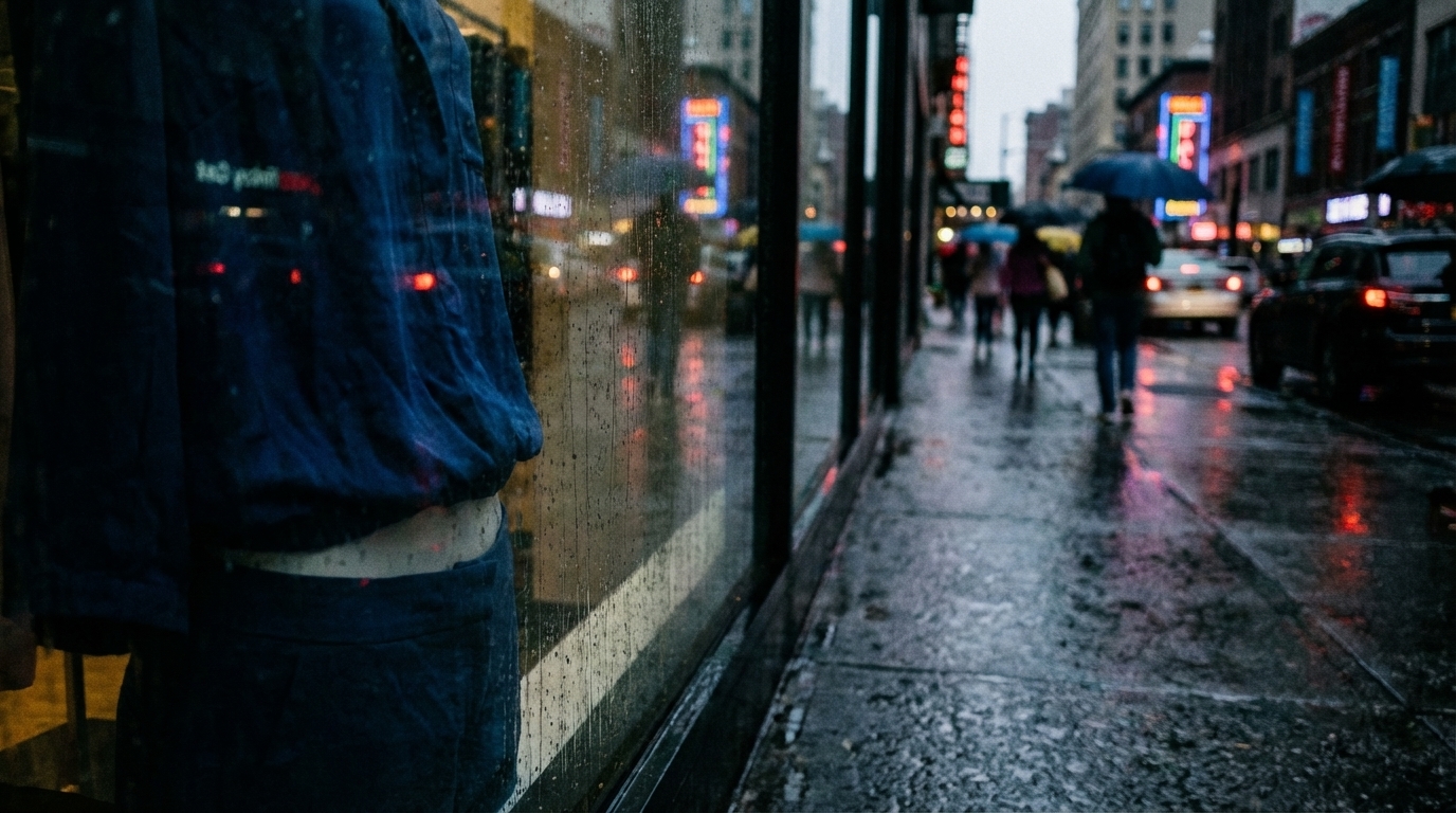 Storefront reflection suggesting self-checking and discomfort
