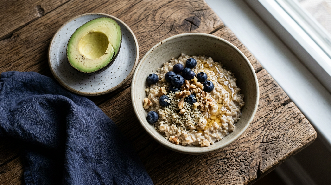 Overhead view of an oat bowl with blueberries walnuts and hemp seeds