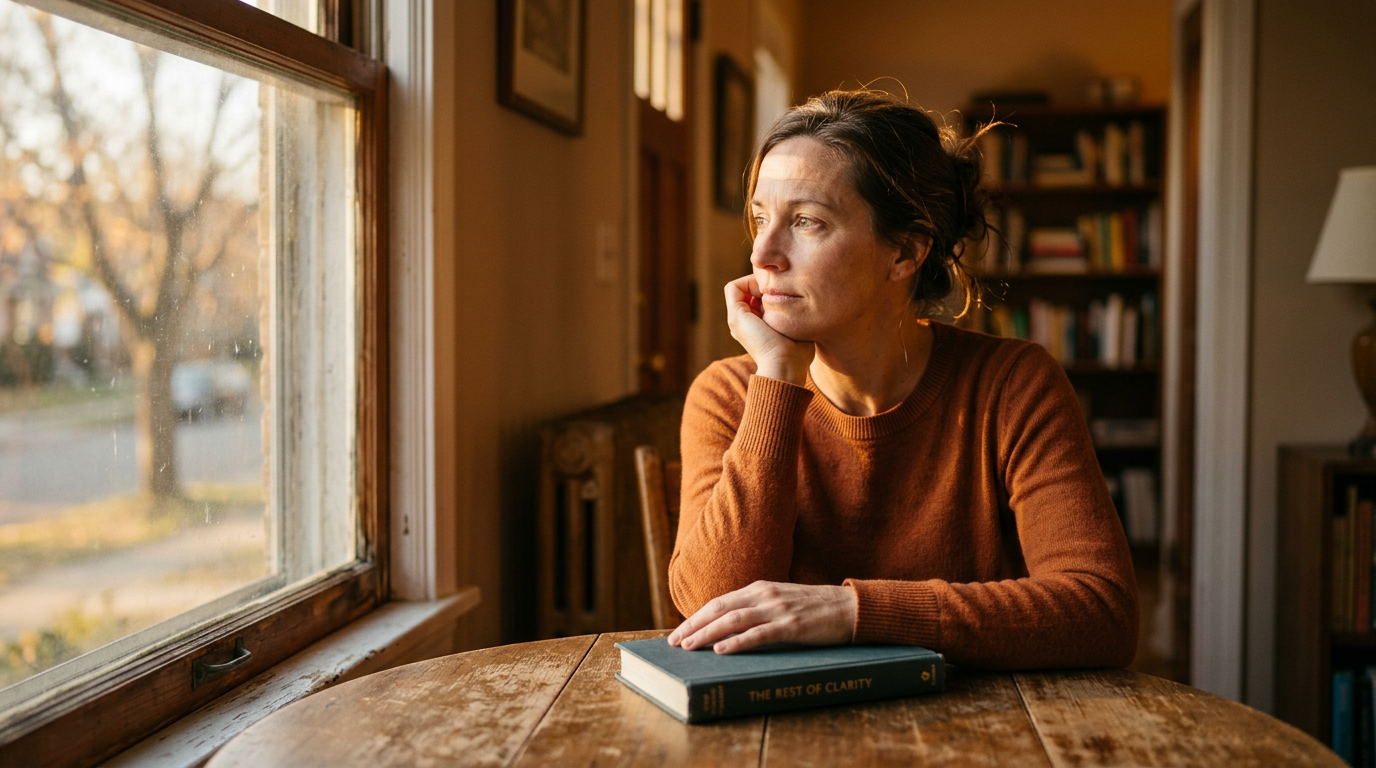 Woman resting chin on hand looking through a window in golden light