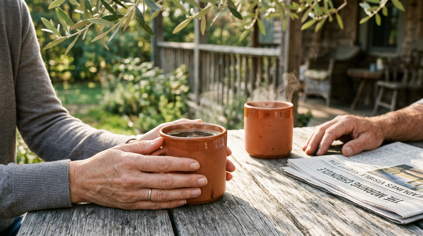 Two coffee mugs and hands on a sunlit outdoor wooden table