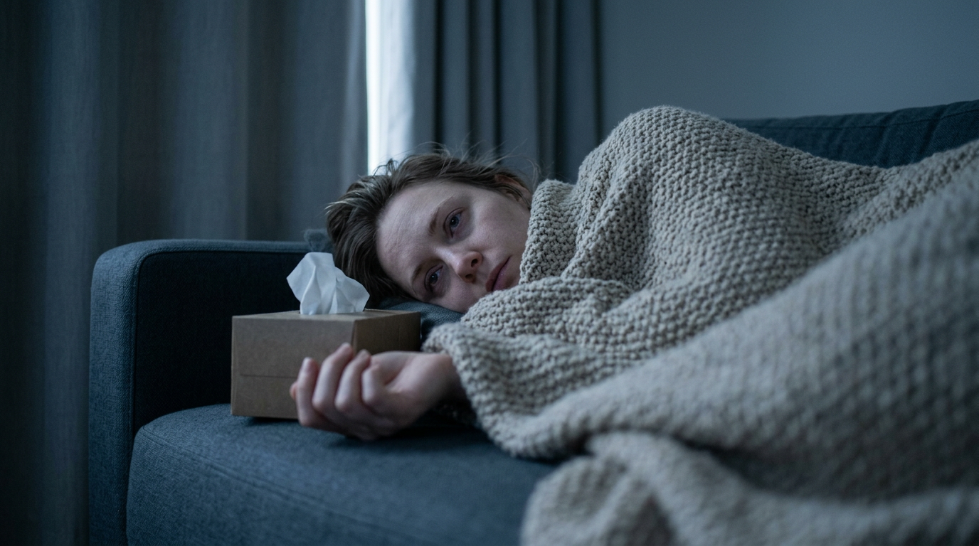 Woman lying on a couch under a heavy blanket with eyes open in dim grey light