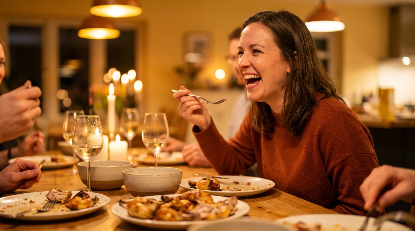 Woman laughing freely at a candlelit dinner table mid conversation