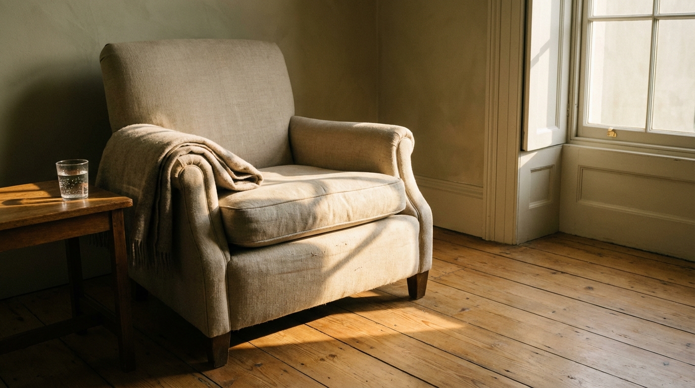 Empty armchair beside a window with afternoon light falling across it