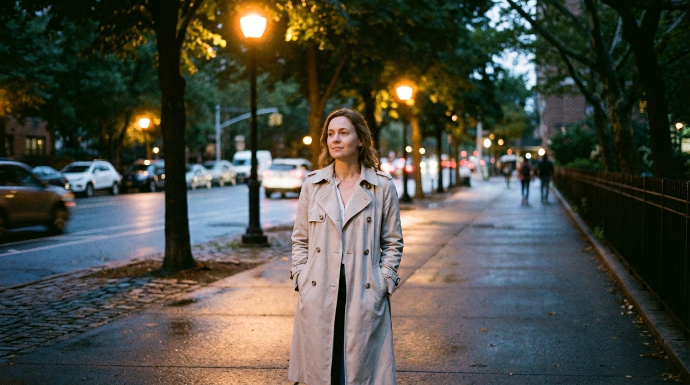 Woman taking a slow evening walk under soft streetlights