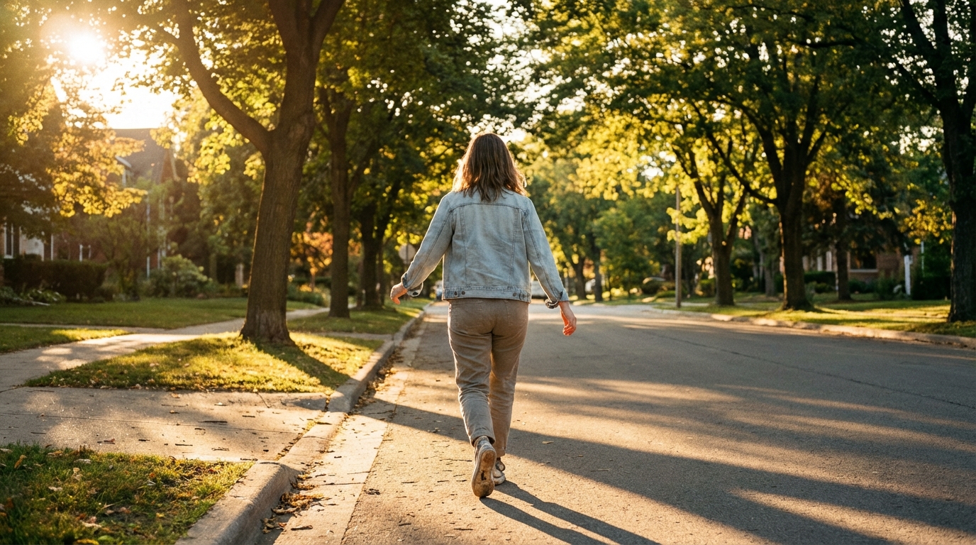 Woman walking along tree-lined sidewalk in golden evening light