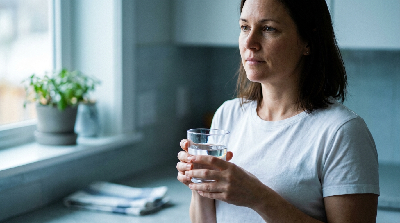 Woman holding a glass of water looking out a kitchen window in calm light
