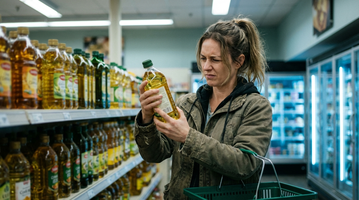 Woman reading cooking oil label in grocery store aisle