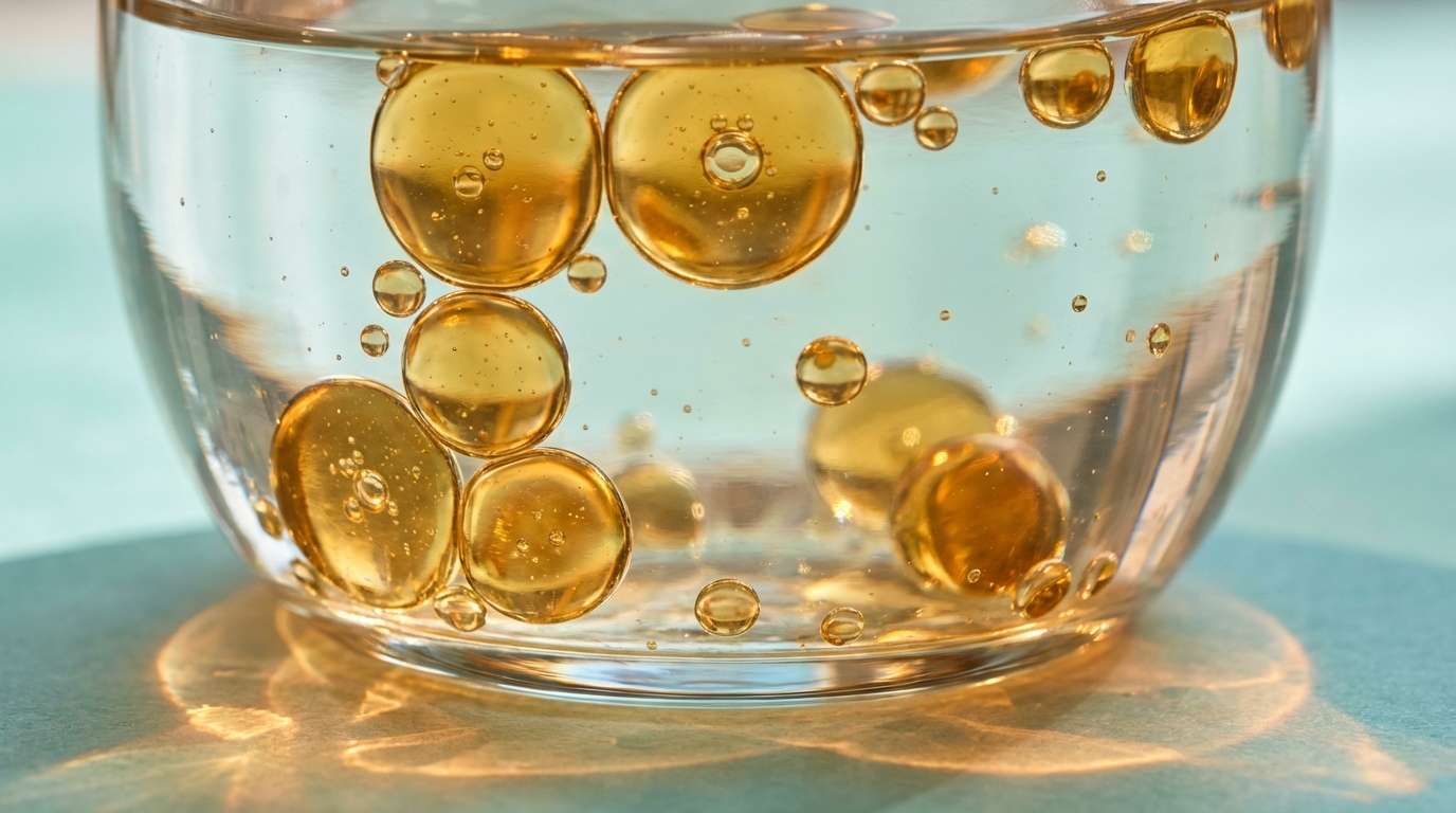Golden oil droplets suspended in clear water close-up