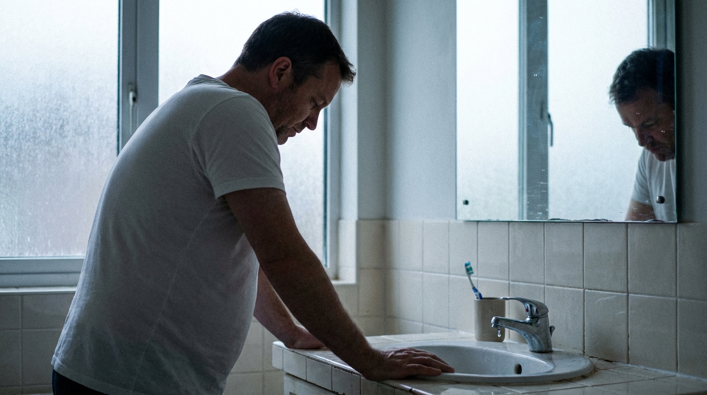 Man bracing on bathroom counter looking at his hands in grey light