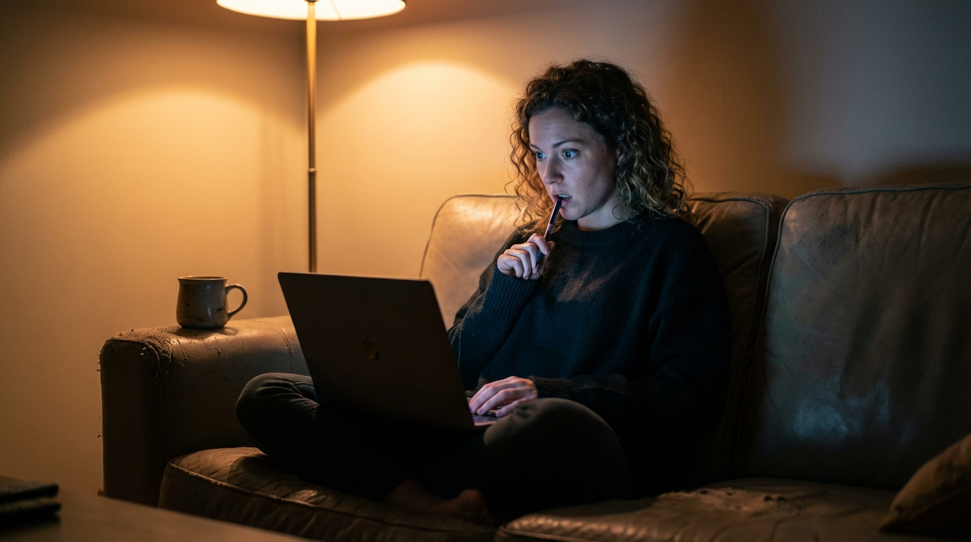 Woman reading on a laptop late at night with focused expression in blue screen glow