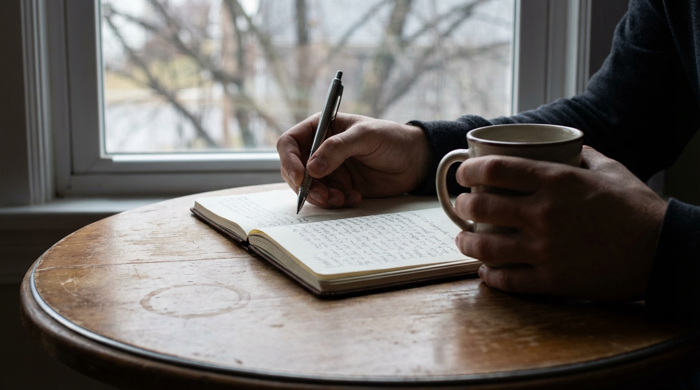 Hand holding pen over morning journal beside window light