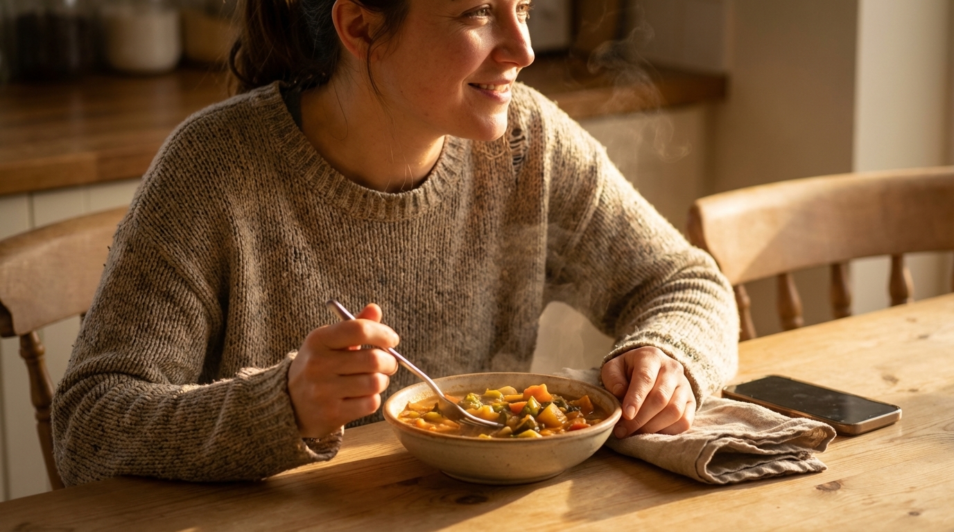 Woman eating slowly at a warm kitchen table