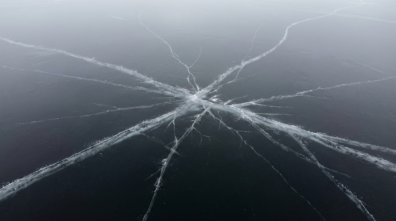 Hairline fractures radiating through ice on dark still water