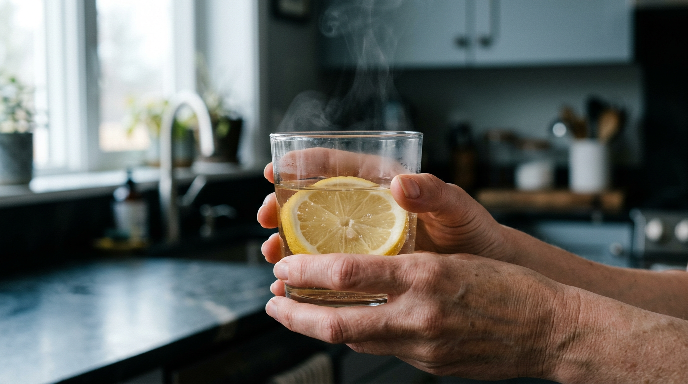 Hands holding a glass of warm lemon water in soft morning kitchen light