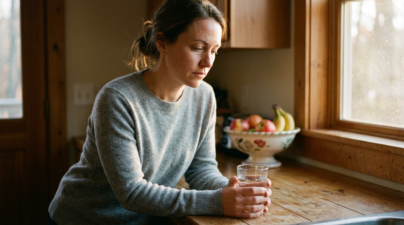 Woman holding glass of water at kitchen counter in morning light