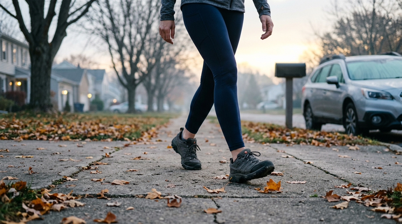 Lower body of a woman walking on a leaf scattered sidewalk at dawn