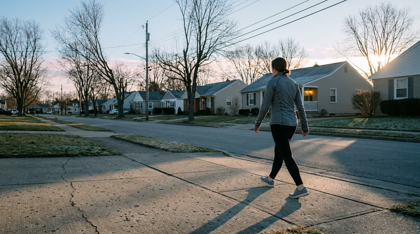 Woman walking on a suburban sidewalk in low early morning winter sunlight from behind