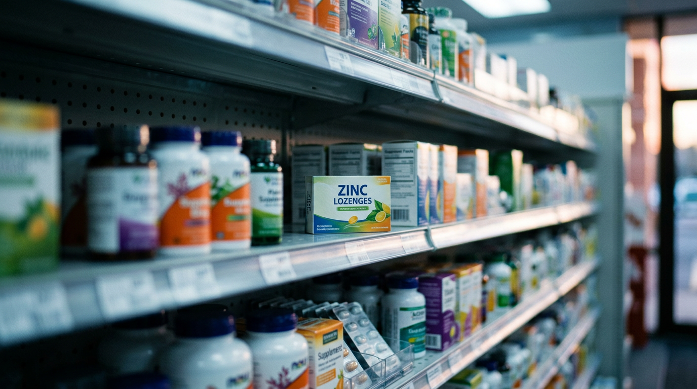 Out of focus pharmacy supplement shelf in mixed fluorescent and natural light