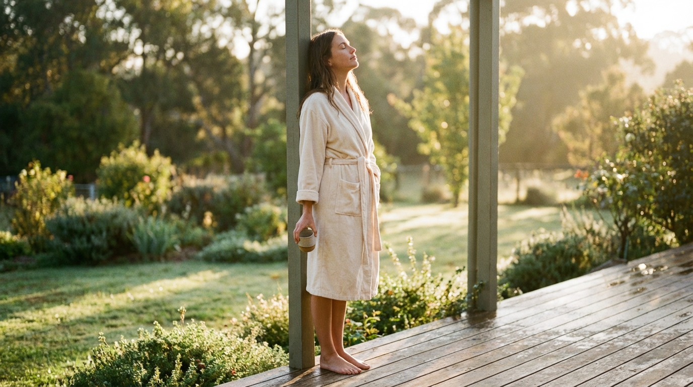 Woman standing on a porch with eyes closed in early morning sunlight