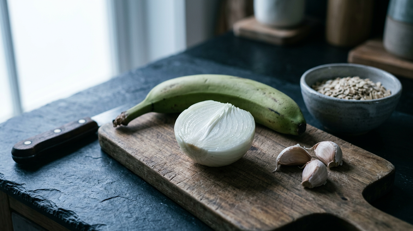 Cutting board with onion garlic green banana and oats in sidelight