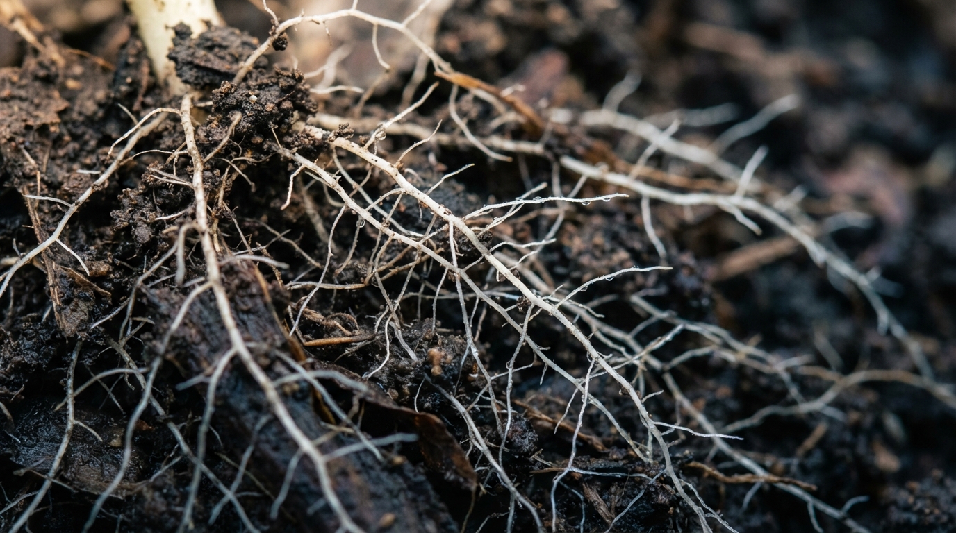 Macro photograph of intricate white root systems branching through dark moist soil