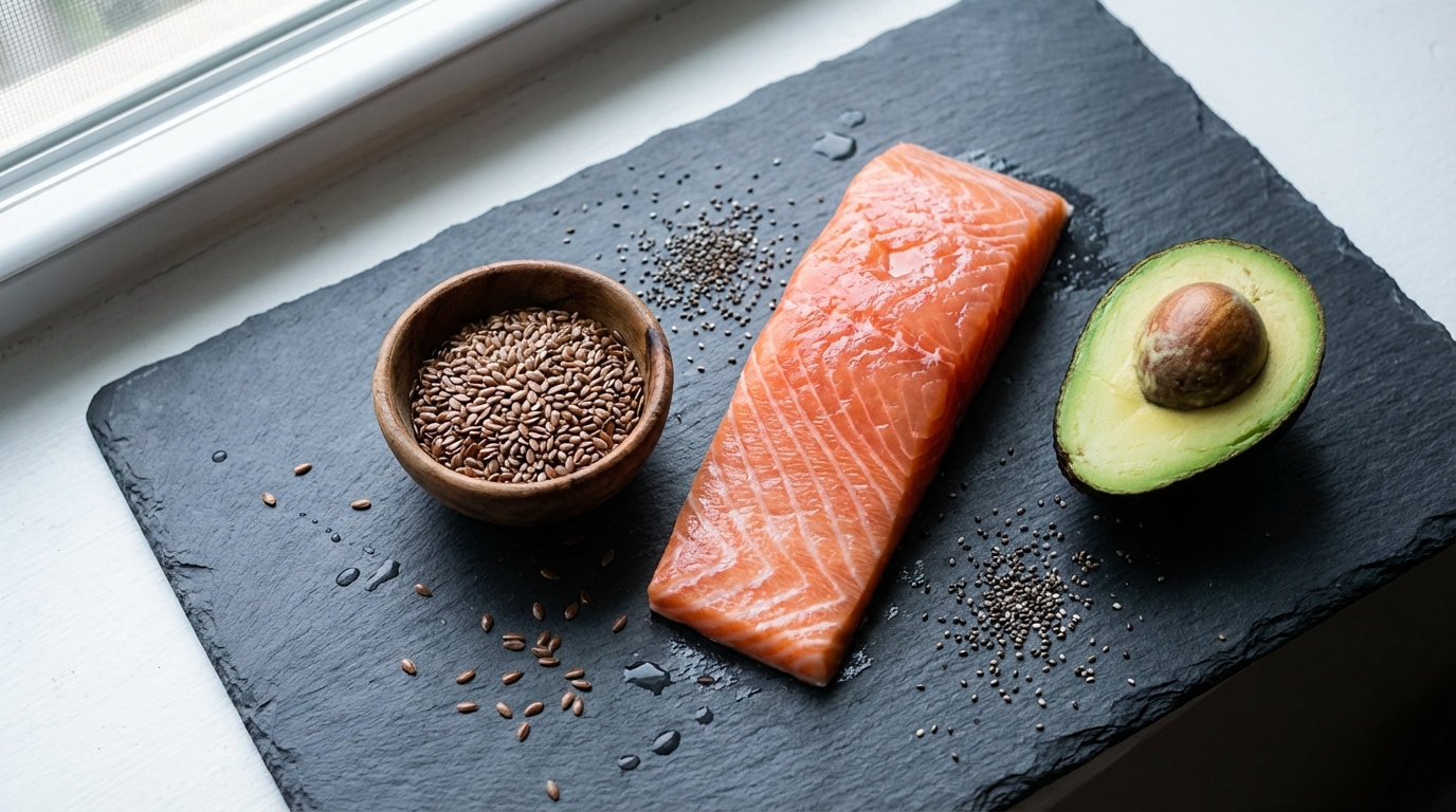 Raw salmon flaxseeds avocado on dark slate cutting board
