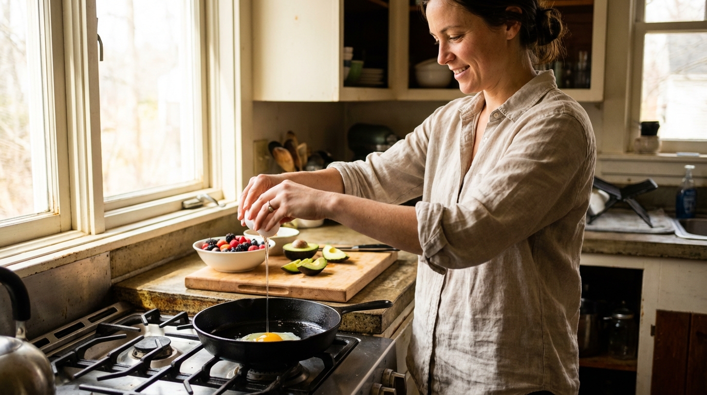 Woman cracking an egg into a skillet in a sunlit kitchen