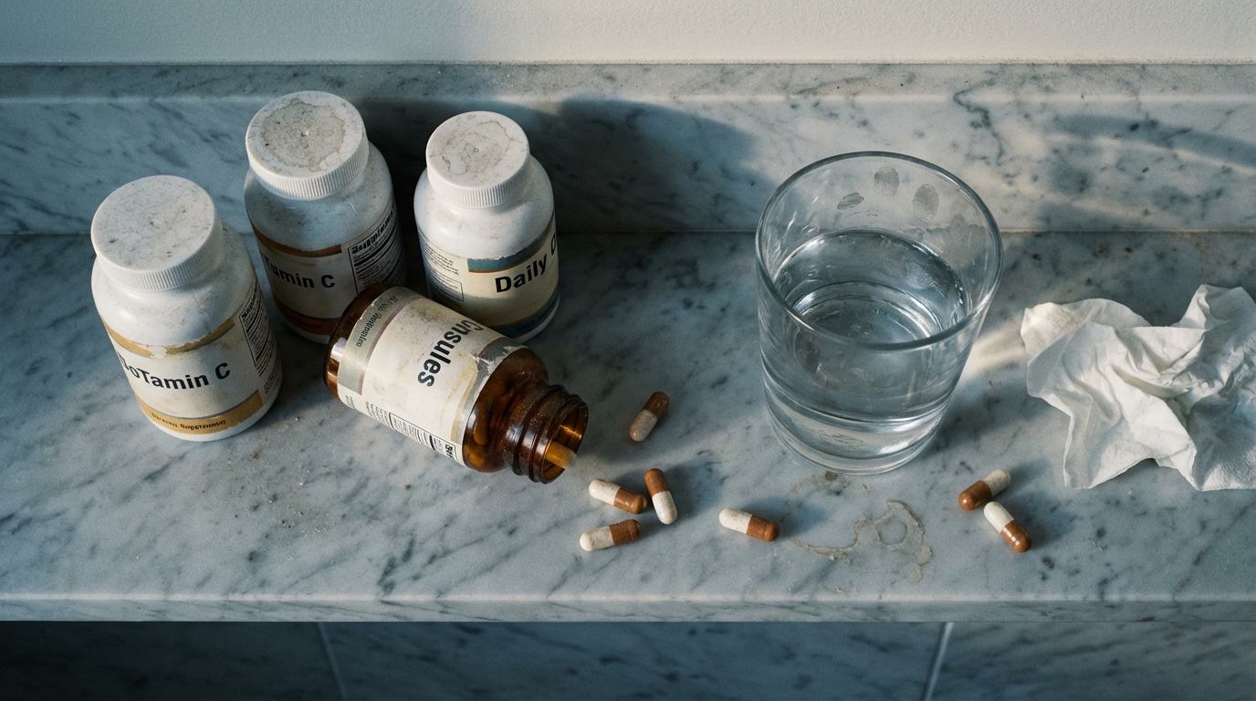 Scattered supplement bottles and loose capsules on a bathroom shelf in flat afternoon light