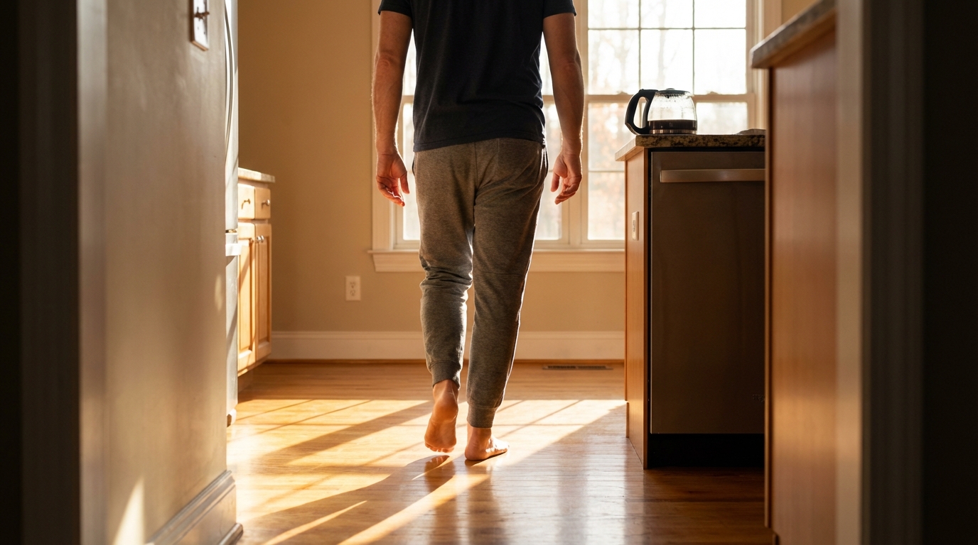 Man walking barefoot across sunlit kitchen floor from behind