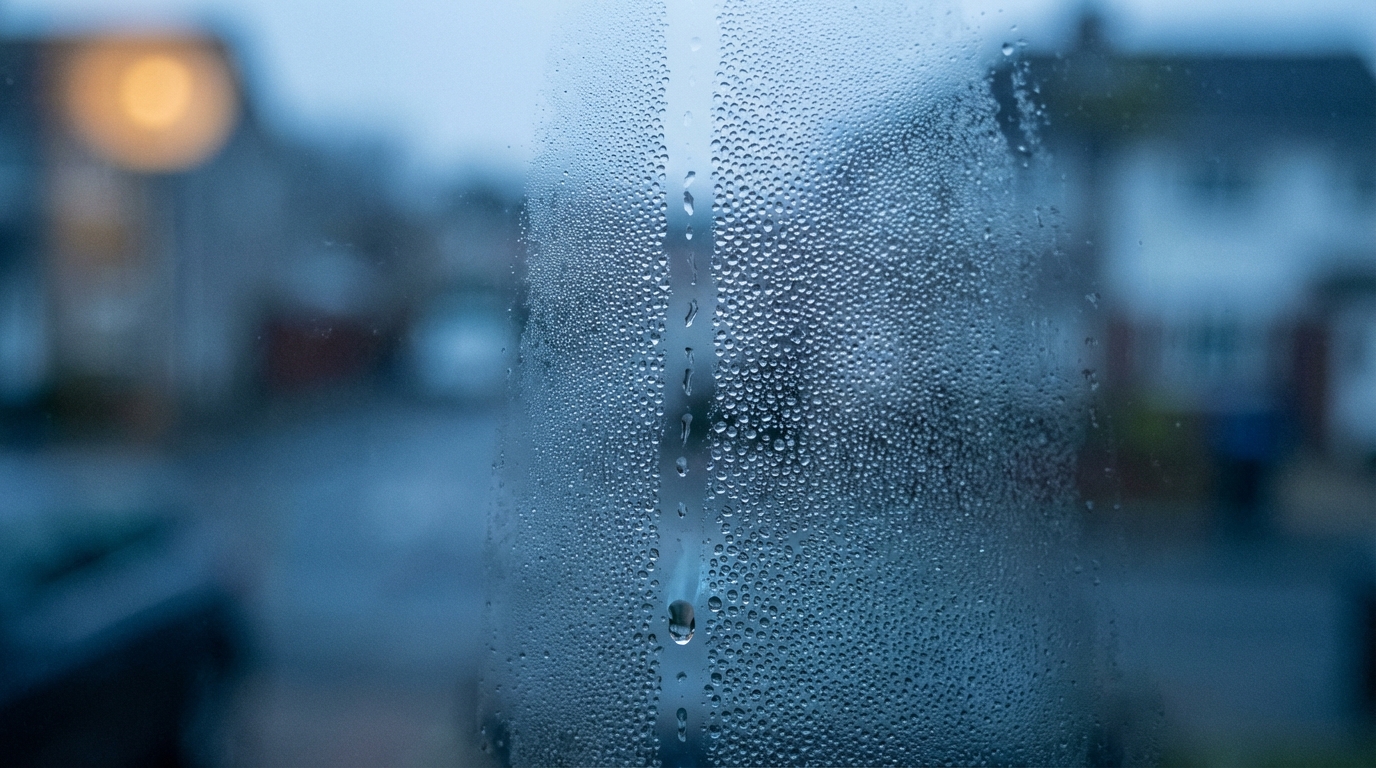 Condensation on morning window with a single finger trail