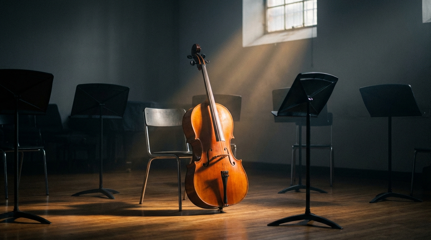 A single cello standing in an empty rehearsal room lit by a shaft of window light