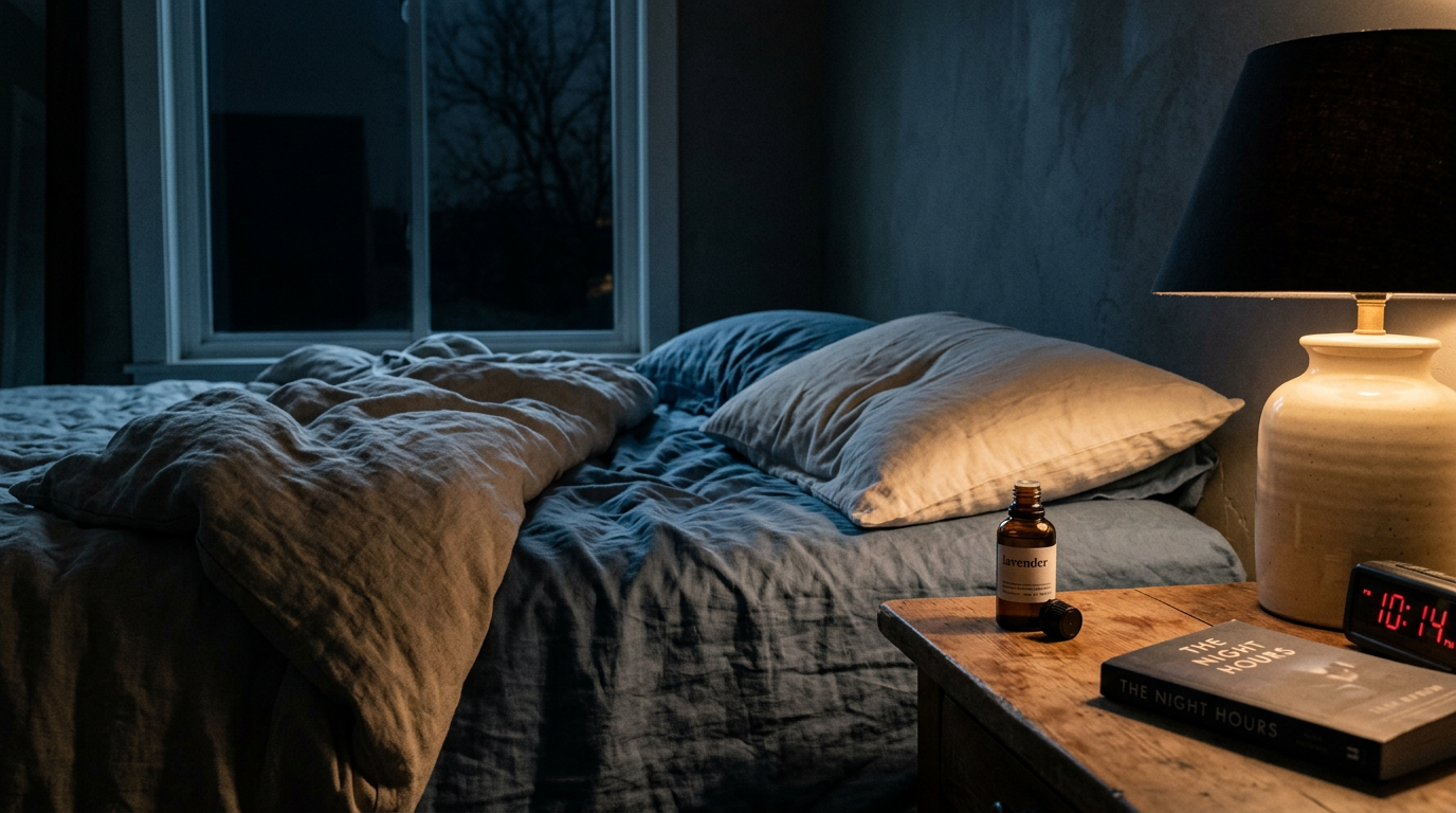 Dim bedroom with linen bedding lavender oil and warm lamplight