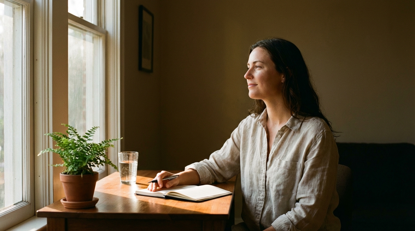 Woman at a desk in golden afternoon light looking out window