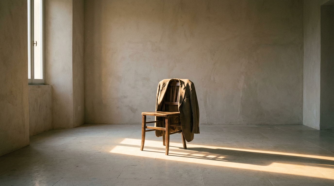 A wooden chair with a draped jacket in a sunlit minimal room