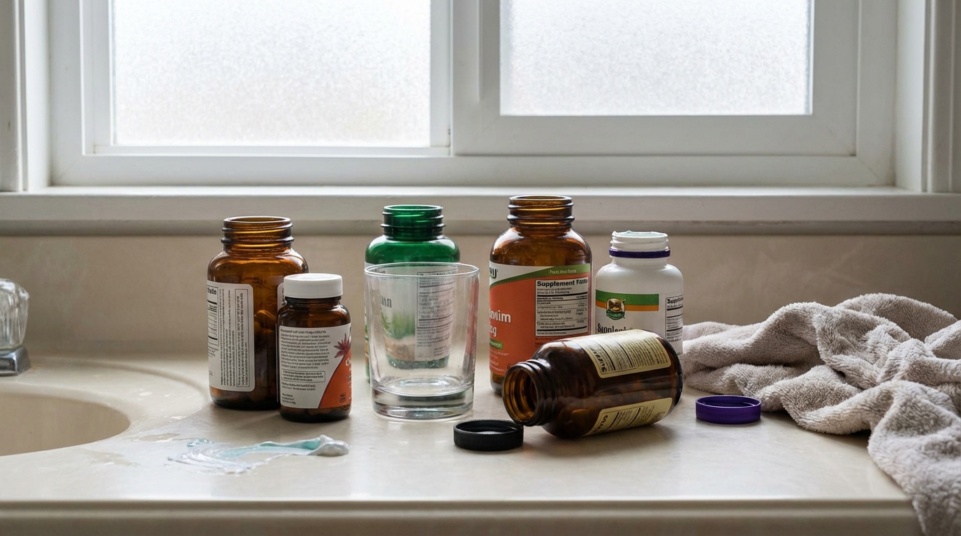 Cluttered supplement bottles on a bathroom counter