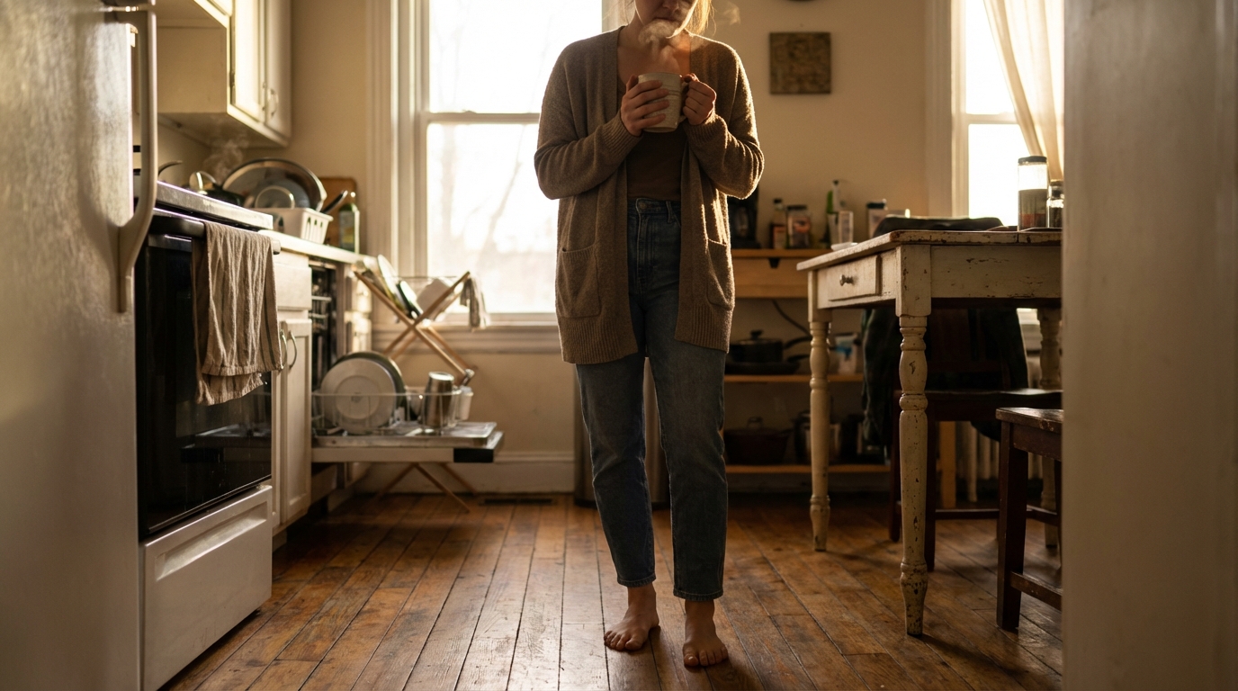 Woman standing barefoot in kitchen holding a mug backlit by morning light