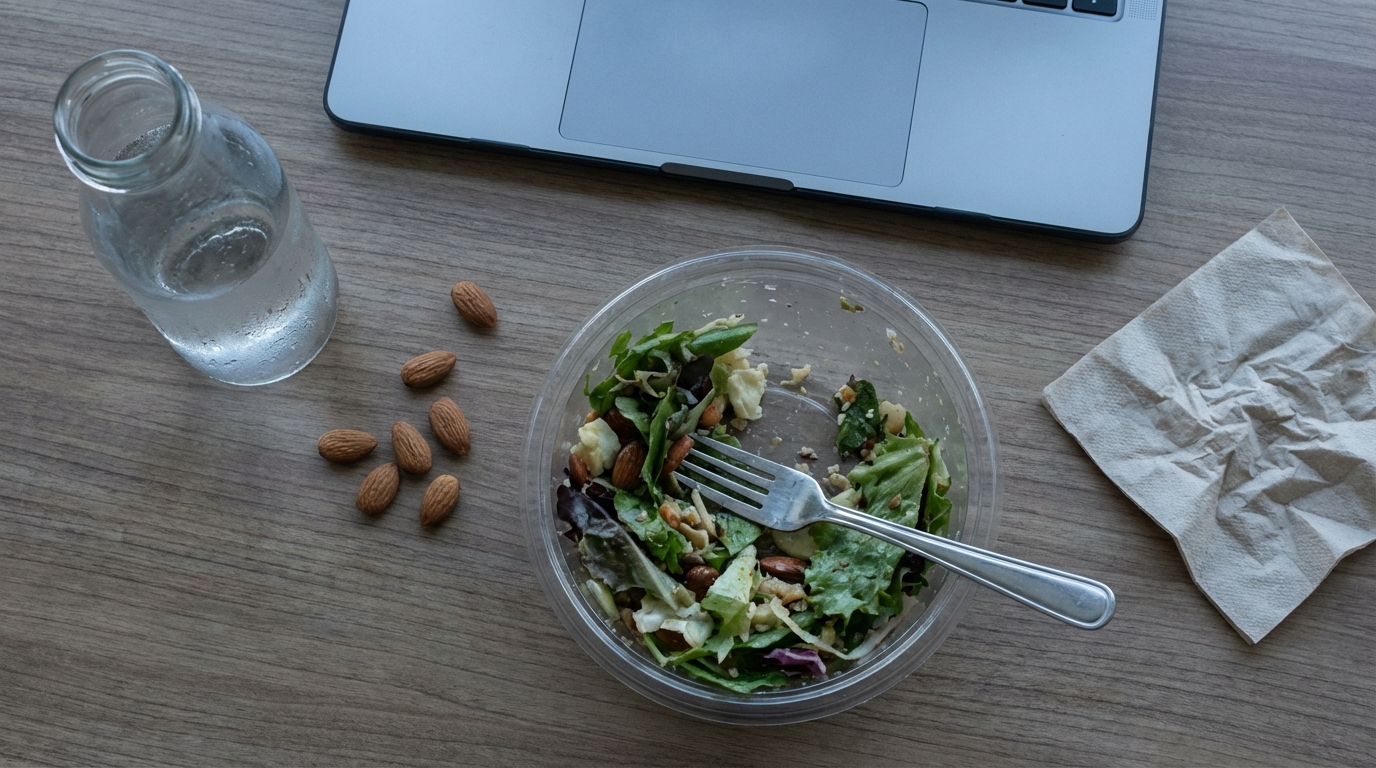 Half-eaten salad and water bottle on a midday desk