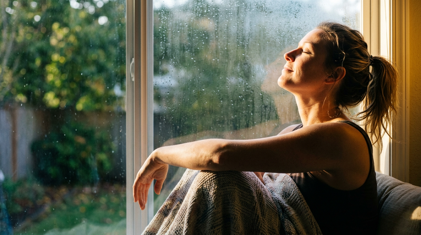 Woman sitting in a sunlit window seat with eyes closed absorbing morning light