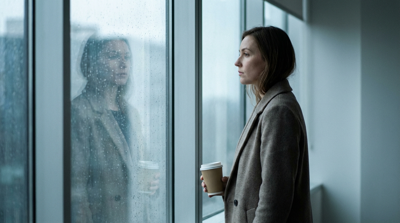 Woman standing near rain-flecked window with faint reflection