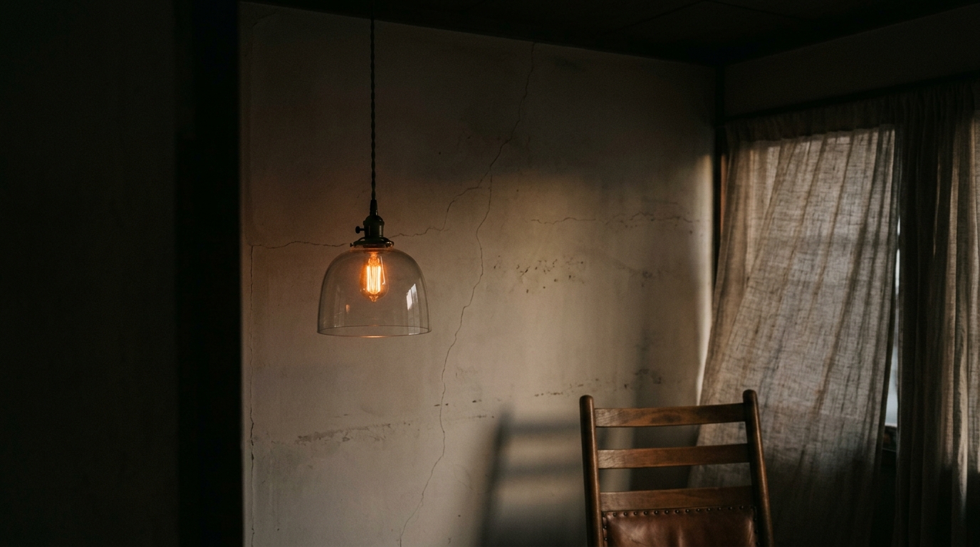 Dimmed pendant light glowing faintly in a shadowed room