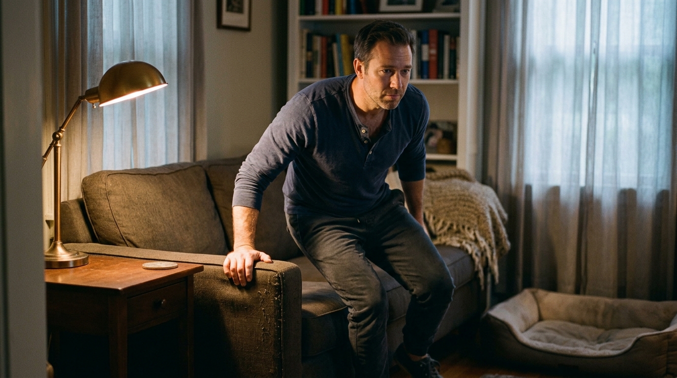 Man rising from sofa in warm evening lamplight