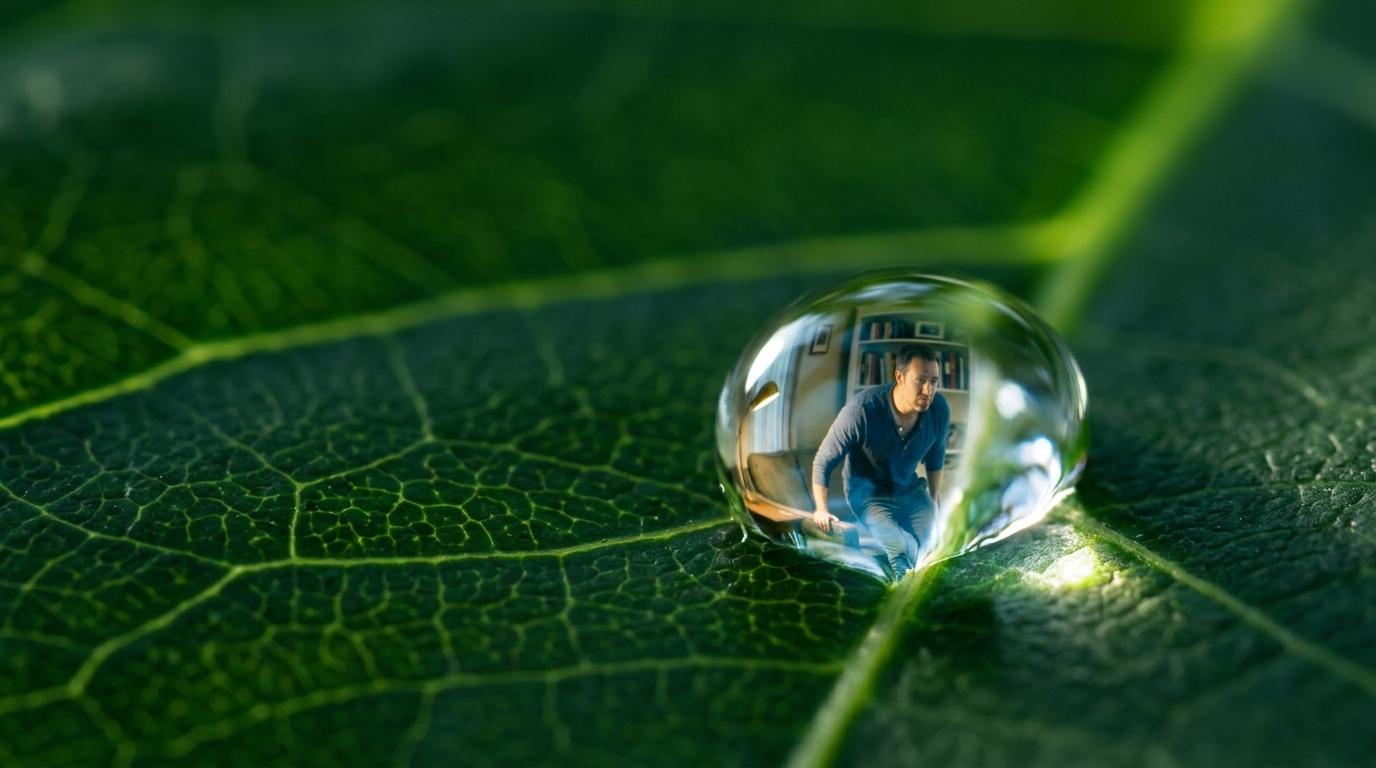 Water drop on green leaf in macro morning light