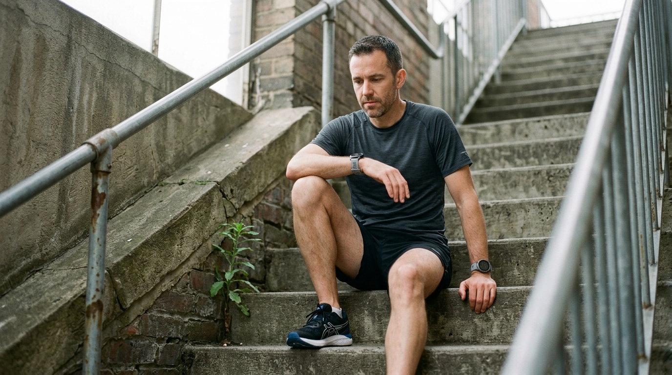 Man in running clothes paused on concrete outdoor staircase