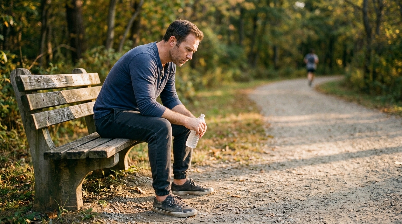 Man sitting on park bench after run in golden light